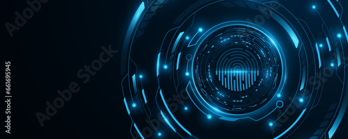 Futuristic glowing HUD circle with digital fingerprint. Biometric data background. Sci-fi graphic element. GUI and UI design. Vector illustration.