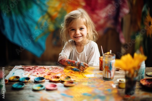 Portrait of cheerful kid girl painted in bright colors, Generative AI