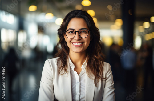 Confident businesswoman of European American origin, sporting stylish eyeglasses, stands before contemporary office backdrop, radiating intelligence confidence. Generative AI.