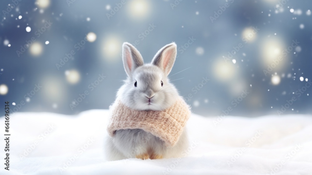 Rabbit and winter background of snow and frost, Generative AI Rabbit and winter background of snow and frost, Generative AI