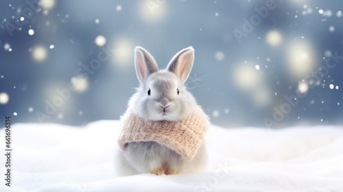 Rabbit and winter background of snow and frost, Generative AI © tonstock