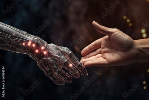 Machine learning AI Hands of robot and human touching on big data network connection, Generative AI