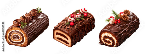 Set of Christmas chocolate yule log cake#02 on transparent background cutout, PNG file. for product presentation. banner, poster, card, t shirt, sticker