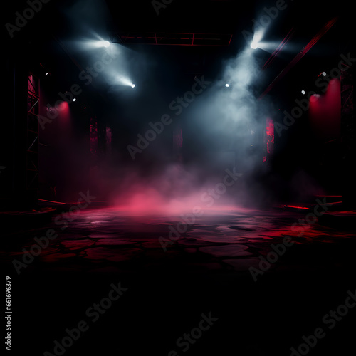 Dark stage shows  dark red background  an empty dark scene  neon light  spotlights The stage floor and studio room with smoke float up the interior