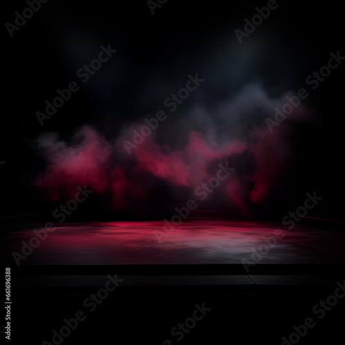 Dark stage shows, dark red background, an empty dark scene, neon light, spotlights The stage floor and studio room with smoke float up the interior
