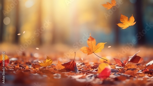 Beautiful bokeh autumn background, Abstract background of autumn leaves in the rays of sunlight in the autumn, close-up of a macro. A picturesque colorful artistic image with a soft focus.