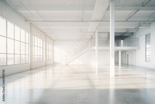 Empty modern loft with concrete floor, White room with wide open space in the style of minimalism