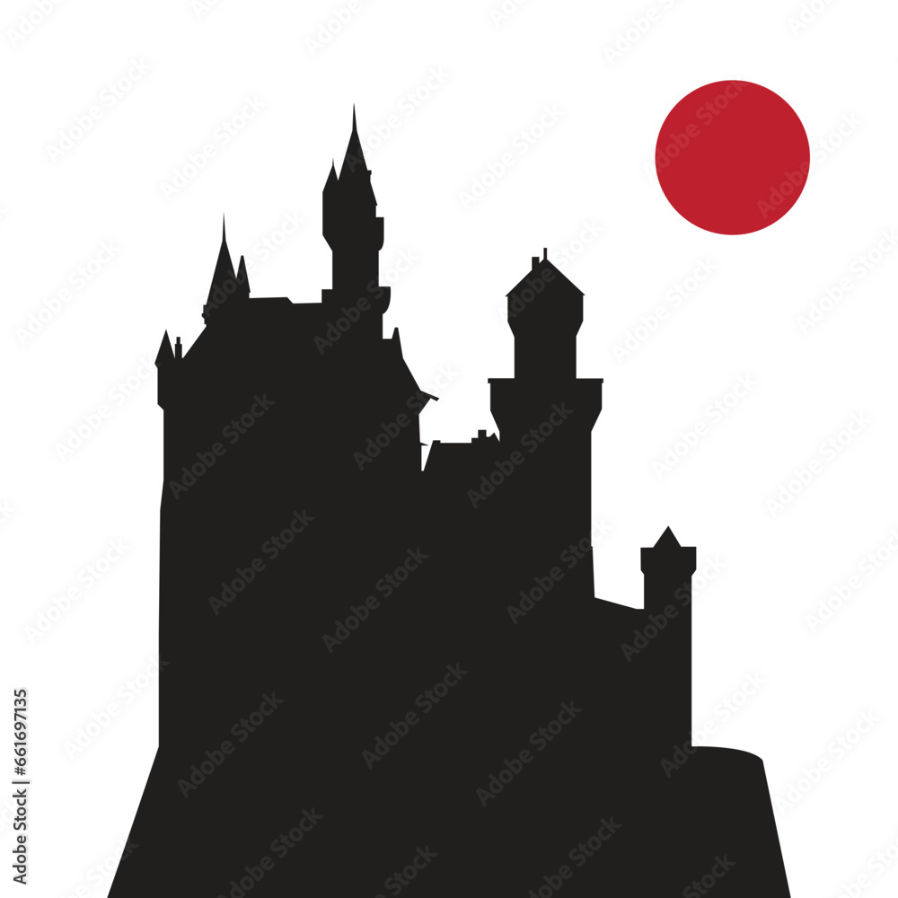 Vector silhouette of castle with red moon. Creepy castle. Halloween theme.