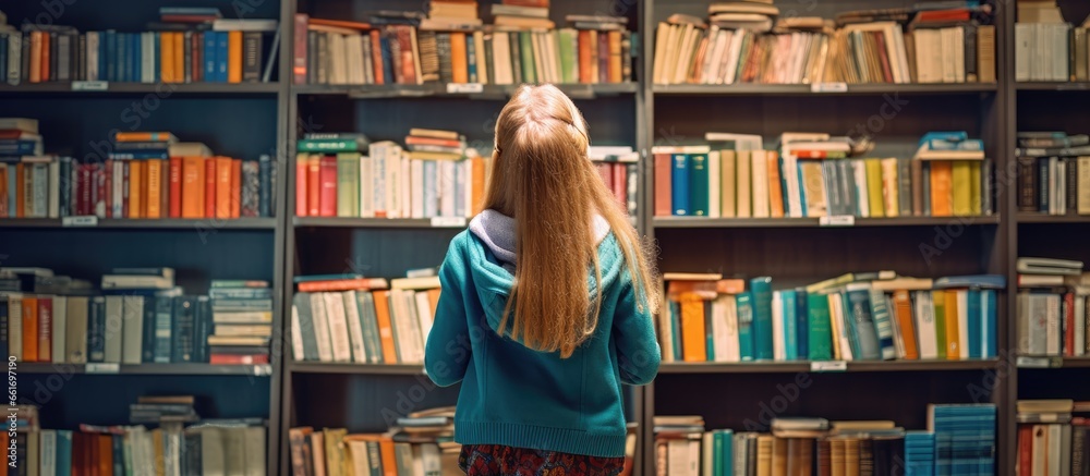 Smart schoolgirl in library selecting literature learning and satisfying child curiosity Smart schoolgirl in library selecting literature learning and satisfying child curiosity