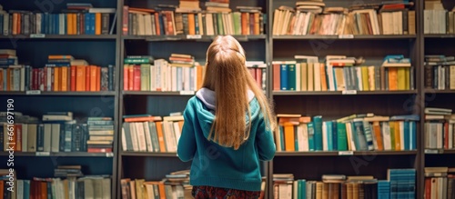 Smart schoolgirl in library selecting literature learning and satisfying child curiosity