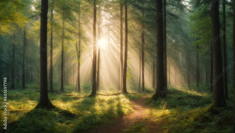 Panorama of a forest with the sunlight through the trees