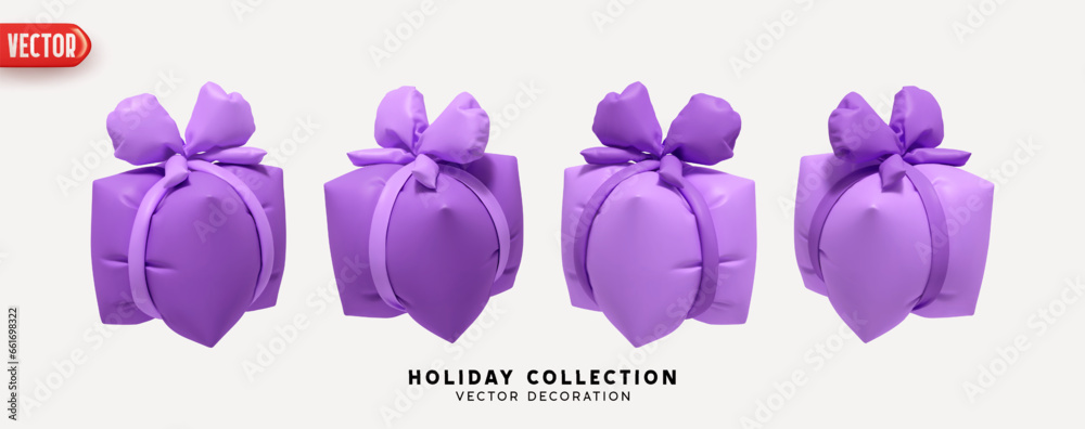 Lilac Set of air inflated helium gifts box. Blown polyethylene gifts boxes of square cubic shape. Collection of realistic 3d gift presents. Festive decorative design elements. Vector illustration