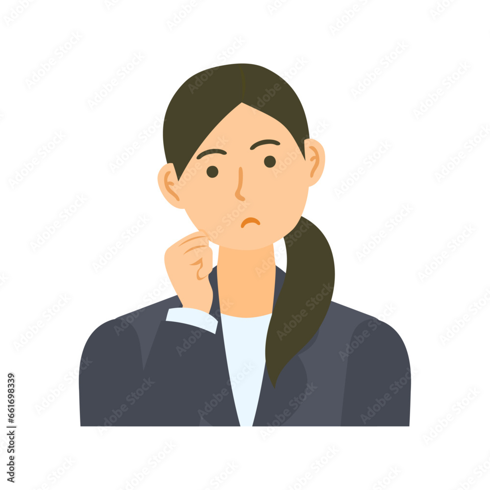 考える女性会社員。フラットなベクターイラスト。 A thinking female office worker. Flat designed vector illustration.