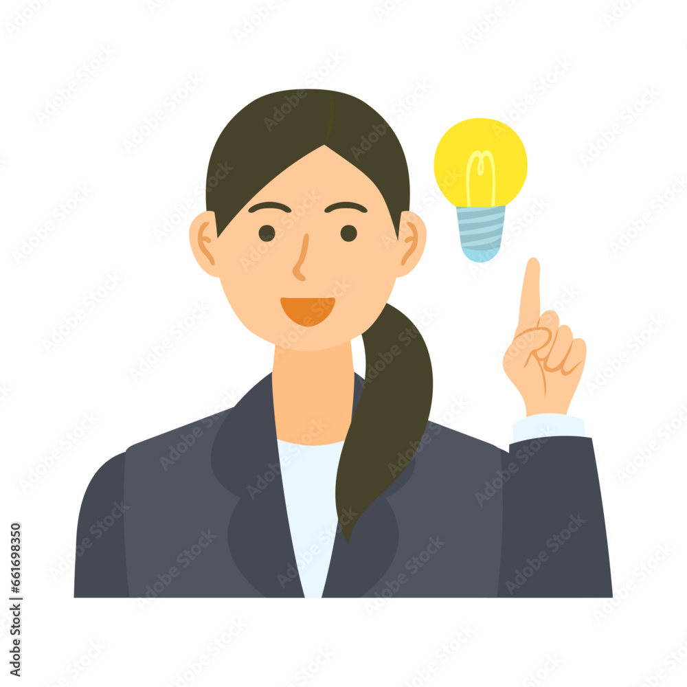 アイデアを思いつく女性会社員。フラットなベクターイラスト。 A female office worker coming up with an idea. Flat designed vector illustration. アイデアを思いつく女性会社員。フラットなベクターイラスト。 A female office worker coming up with an idea. Flat designed vector illustration.