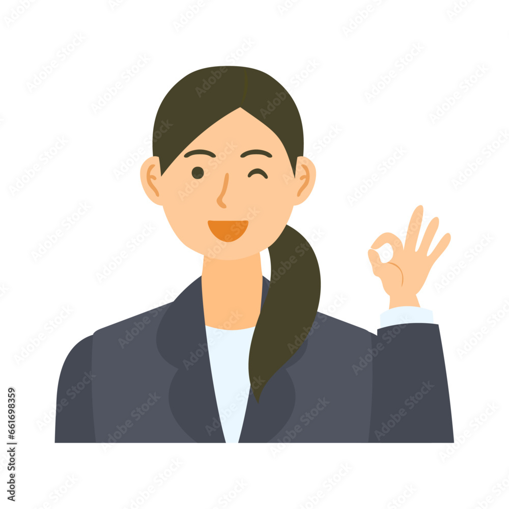 OKサインを作る女性会社員。フラットなベクターイラスト。 A female office worker making the OK gesture. Flat designed vector illustration.