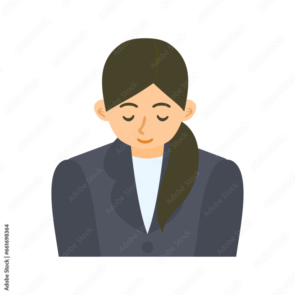 お辞儀する女性会社員。フラットなベクターイラスト。 A bowing female office worker. Flat designed vector illustration.