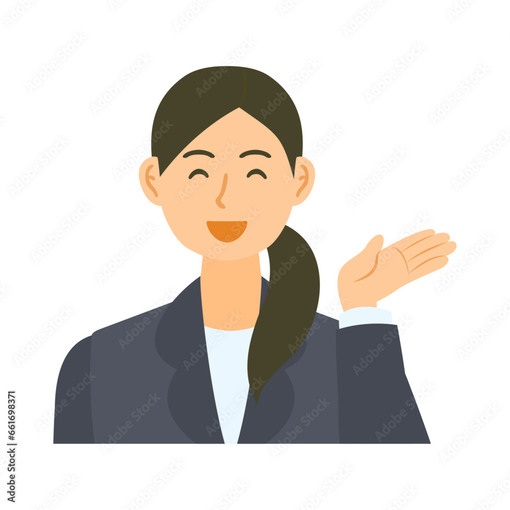 案内する女性会社員。フラットなベクターイラスト。 A female office worker guiding. Flat designed vector illustration. 案内する女性会社員。フラットなベクターイラスト。 A female office worker guiding. Flat designed vector illustration.