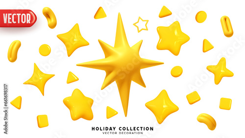 Set of stars and various decorative elements for festive New Year and Christmas designs. Yellow stars realistic 3d design in cartoon plastic style. vector illustration