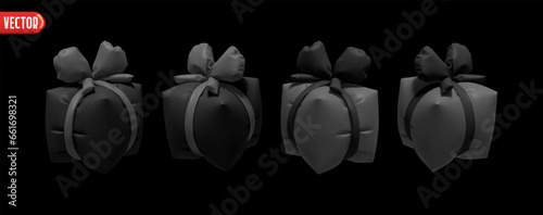 Black Set of air inflated helium gifts box. Blown polyethylene gifts boxes of square cubic shape. Collection of realistic 3d gift presents. Festive decorative design elements. Vector illustration