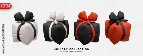 Set of air inflated helium gifts box. Blown polyethylene gifts boxes of square cubic shape. Collection of realistic 3d black red gift presents. Festive decorative design elements. Vector illustration