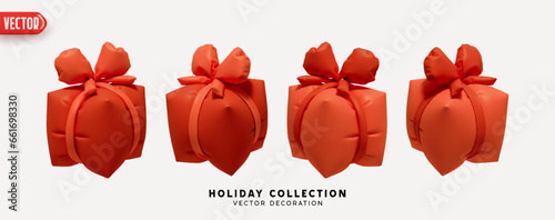 Red Set of air inflated helium gifts box. Blown polyethylene gifts boxes of square cubic shape. Collection of realistic 3d gift presents. Festive decorative design elements. Vector illustration
