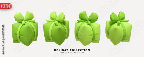 Green Set of air inflated helium gifts box. Blown polyethylene gifts boxes of square cubic shape. Collection of realistic 3d gift presents. Festive decorative design elements. Vector illustration