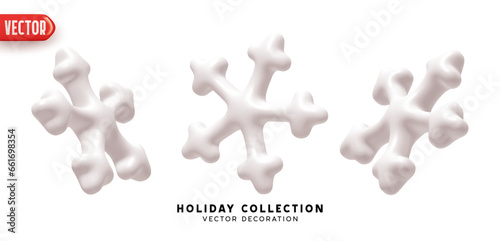 Set of realistic 3d white snowflakes. Decorative winter holiday element for design volumetric snowflakes. Vector illustration