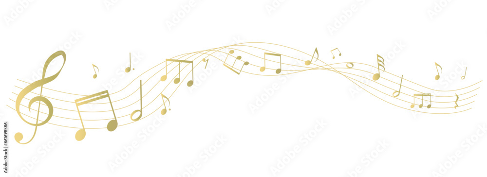 ゴールドの楽譜のフレームイラスト　五線譜　背景イラスト　音符、休符、音楽記号のイラスト