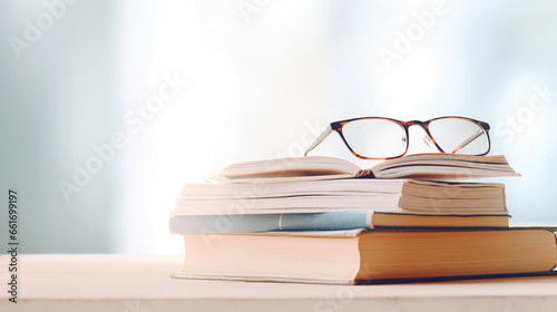 A stack of books and glasses on a white surface. This image shows a collection of hardcover books  possibly novels or textbooks  with a pair of round gold-framed glasses on top. The background is
