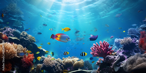 A vibrant underwater world with a school of colorful fish