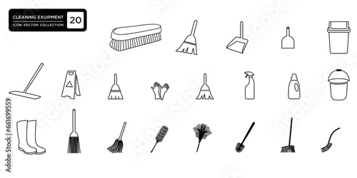 Collection of cleaning service icons, brooms, brushes, buckets, trash cans, which can be easily edited and resized, modern vector graphic logo template.