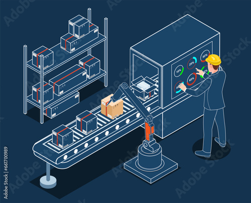 Belt Conveyor in Industrial Plant Concept with Warehouse Automation System and Autonomous Robot Transportation operation service. Vector illustration EPS 10