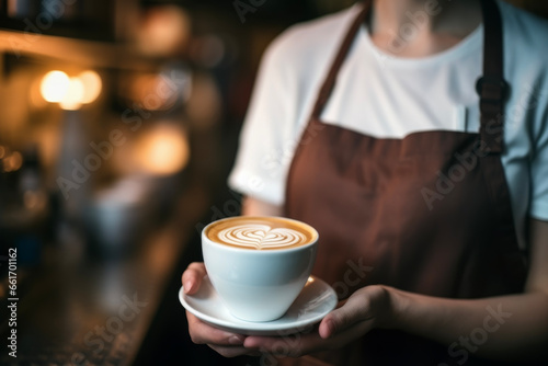 Close up of woman barista with brown apron holding a hot cappuccino in background of modern coffee shop. Lifestyle concept of rest and holidays.