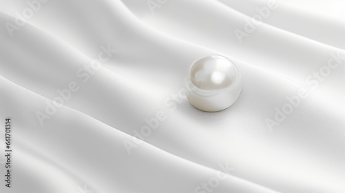 A single white pearl rests on a white silk fabric  creating a contrast of textures and shapes.