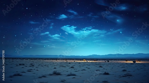 Scenic view of a sandy desert under a starry sky at night. The tranquil desert landscape is illuminated by the shimmering stars above, creating a mesmerizing and peaceful scene