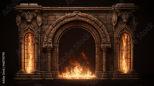Ancient classic architecture stone arches with flames. ai generative