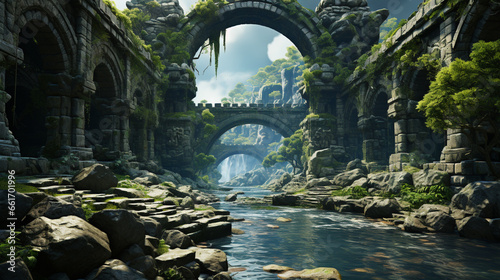 ancient ruins fantasy background. adventurer exploring dangerous and ancient ruins. ai generative