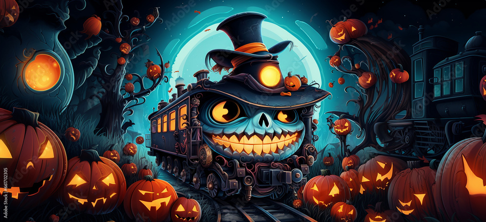 An Halloween train traveling through pumpkins in the forest Social Media Cover