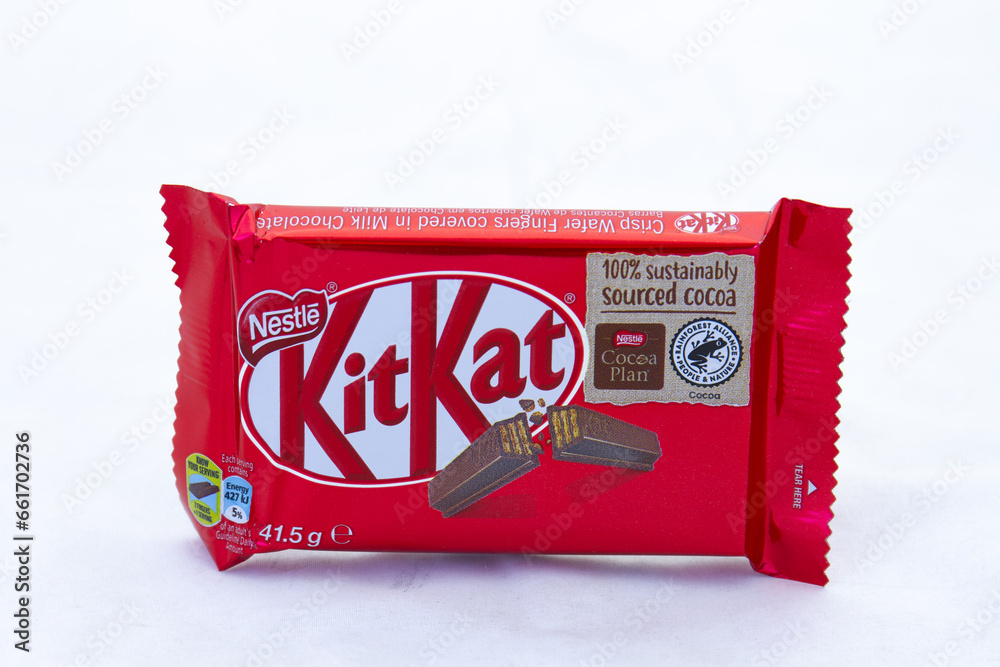 Johannesburg, South Africa a Nestle KitKat chocolate bar isolated on a clear background with