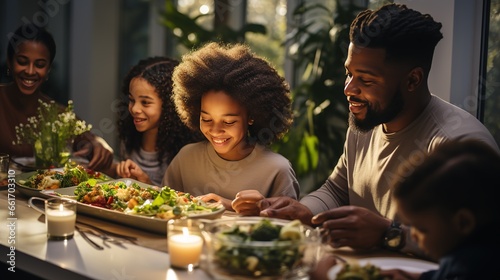 Happy african american family sitting at a large table at a holiday dinner together