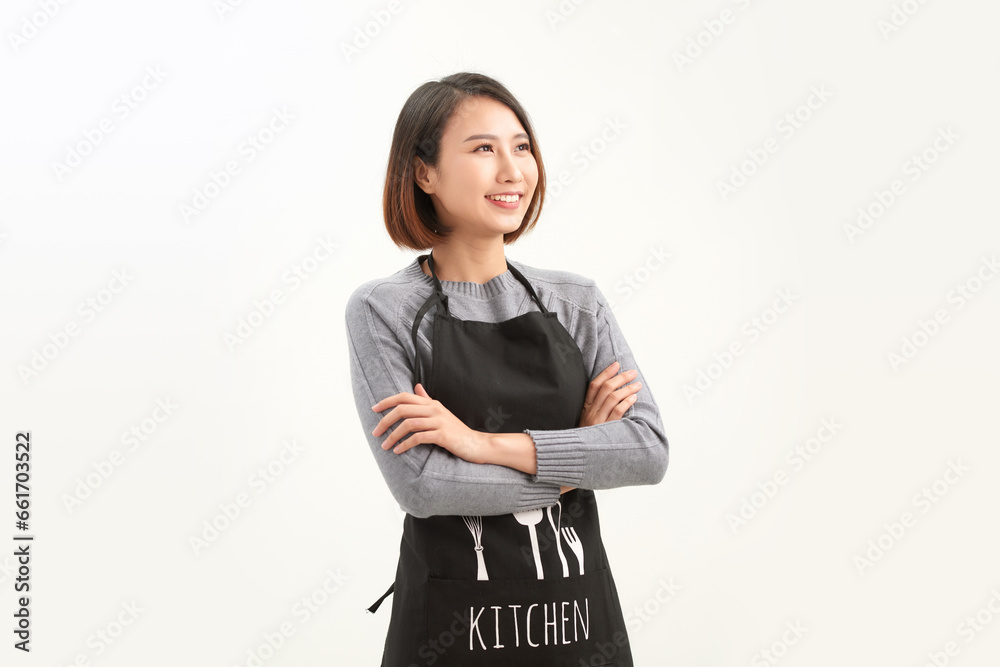 portrait of Asian woman wearing apron on white background portrait of Asian woman wearing apron on white background