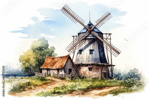Generative AI : Windmill vintage watercolor hand drawn illustration making bread Rural
