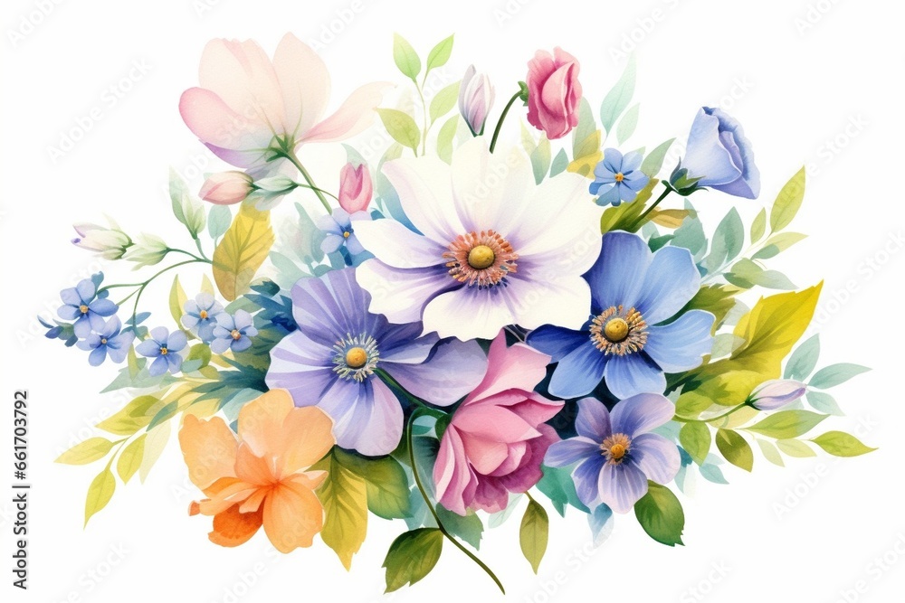Generative AI : Flowers watercolor illustration. A tender bouquet on a white background.