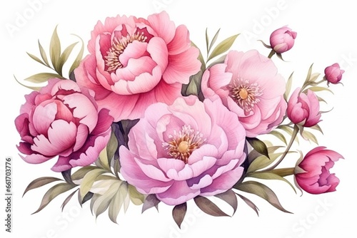 Generative AI : Hand drawn bouquet of pink flowers. Watercolor composition with peonies.