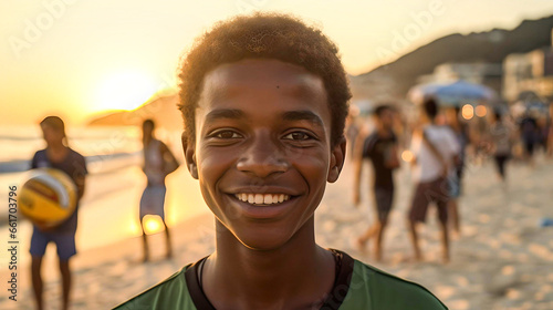 Brazilian boy smiling at sunset on Rio de Janeiro beach, Brazil © Juan Gumin