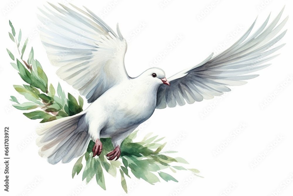 Fototapeta premium Generative AI : Flying white dove and olive branch watercolor illustration. 