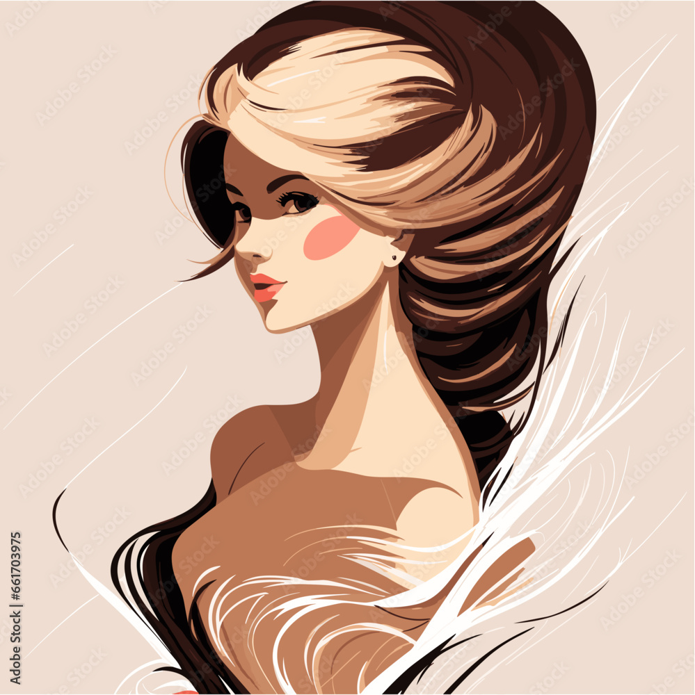 Stylized image of a young woman with long brown hair. Vector illustration. Beautiful girl. Stylized image of a young woman with long brown hair. Vector illustration. Beautiful girl.
