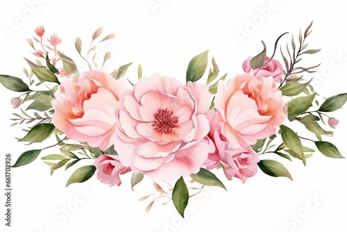 Generative AI : Pink Peach Watercolor Floral Frame Peonies Roses Leaves Isolated on White Background