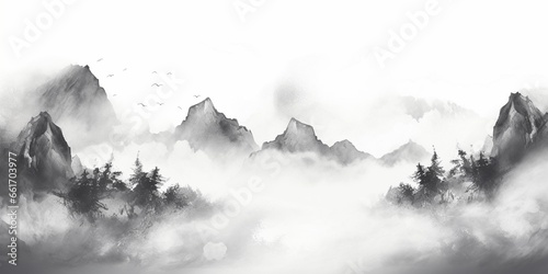 Generative AI : Stylized black ink wash painting of mountains. 