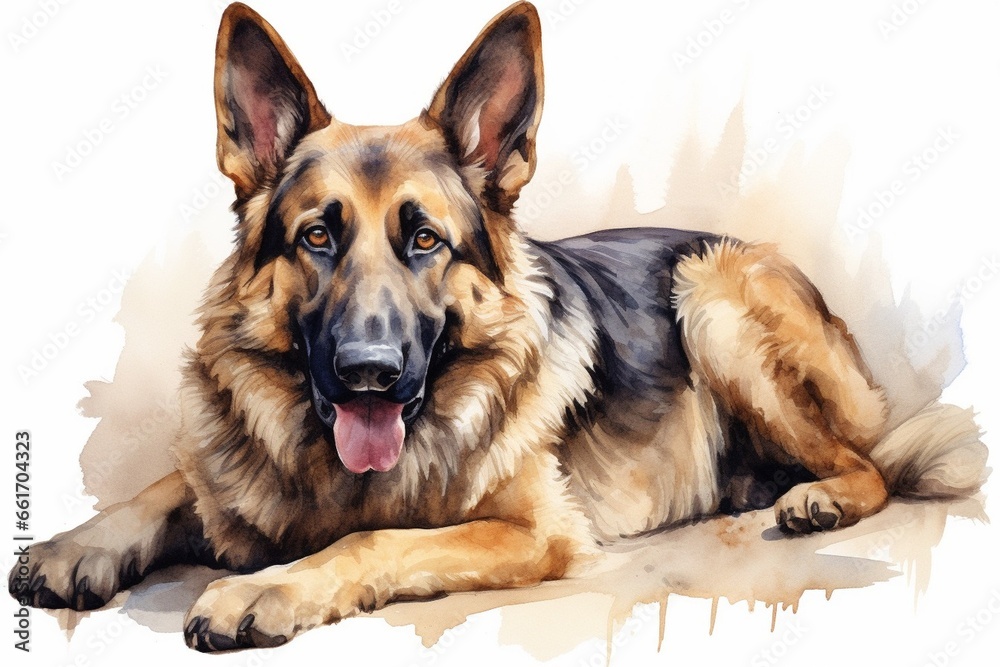 Generative AI : Watercolor illustration of a dog. German shepherd, dog watercolor drawing. pet, - obrazy, fototapety, plakaty 